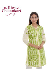Green Chikankari Kurti: Hand Embroidered Wool Thread Cotton Tuni Kurti For Women