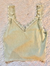 American Eagle Outfitters Lace-Trim Ribbed Tank in Light Sage