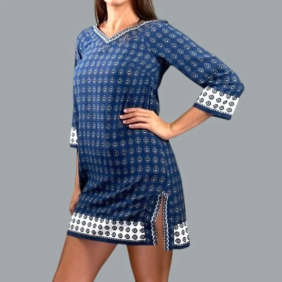 JUICY COUTURE Geometric Print Blue V-Neck Shift Dress Size Small - Image 3 of 4