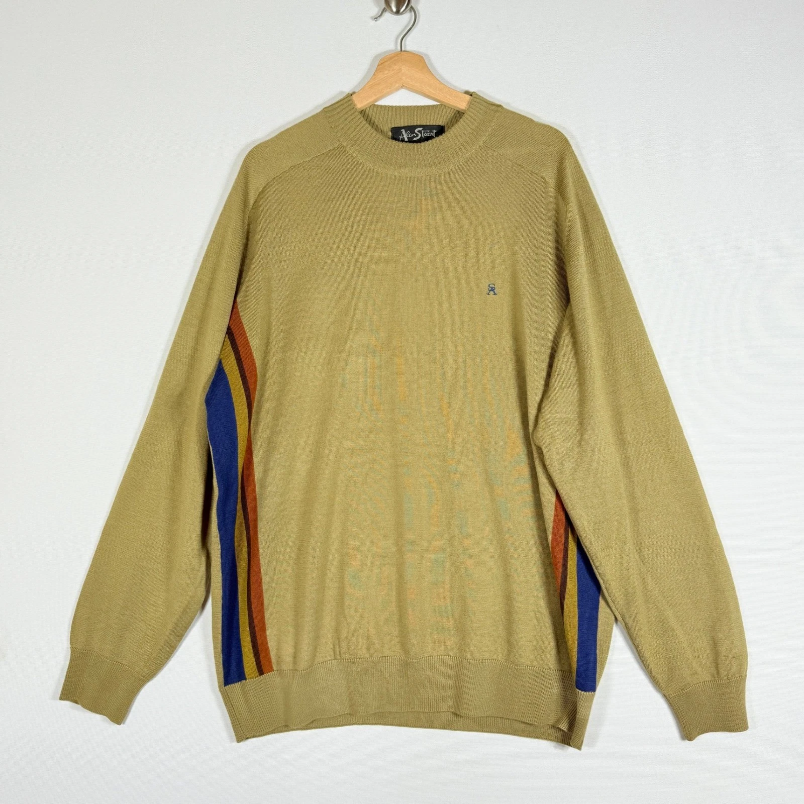 Alan Stuart Men Large Tan Knit Retro Preppy Sweater Striped Normcore Cozy Earthy