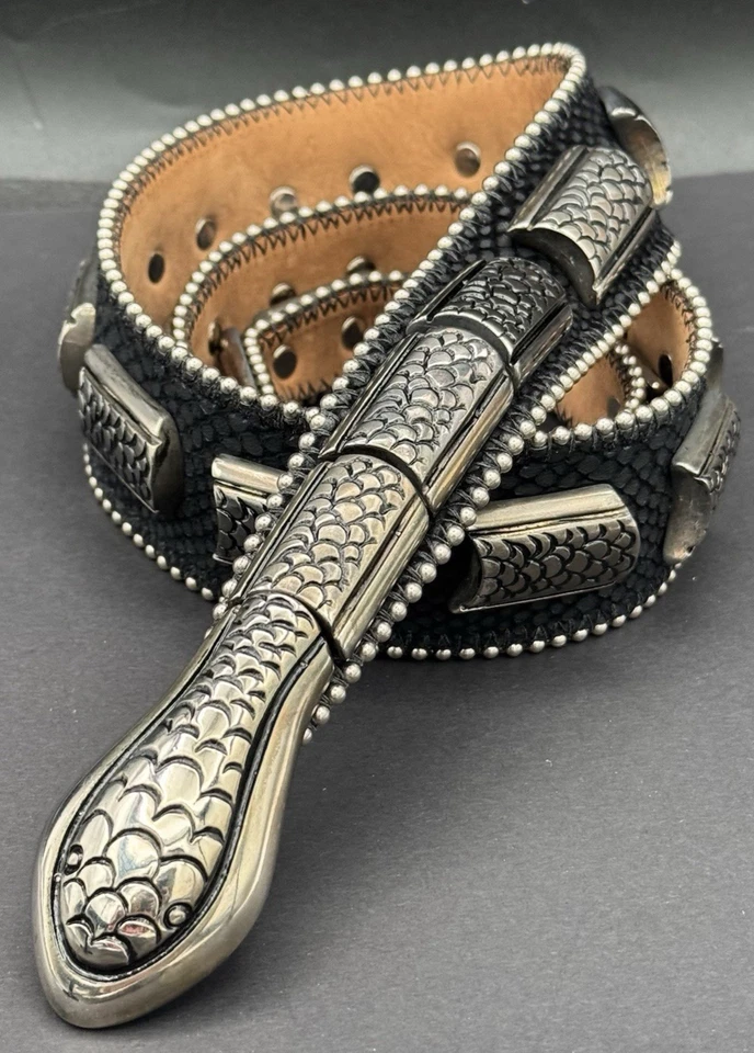 Cinturón De Colección Cuero Calles Adelante Víbora Negro Italiano Rockabilly Plata Serpiente M/L Foto 2 de 4