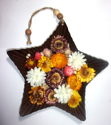 Handcrafted wall decor 7.5  brown metal star dried straw flowers bead hanger #1