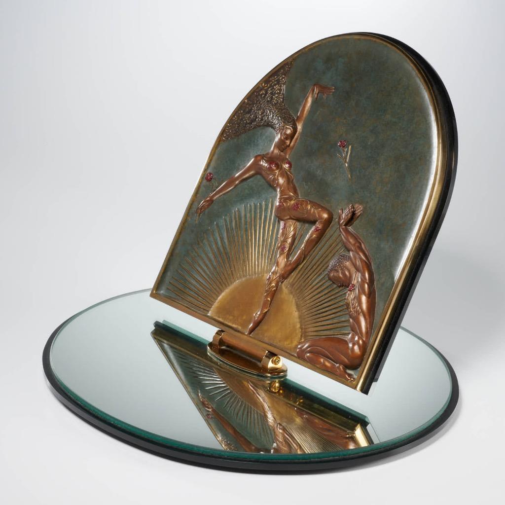 Erte Art Deco Femme Fatale Bronze Sun Flower Swivel Table Mirror 17"l 14"w 12"h