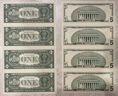 2003 $5 & $1 Uncut Sheet of Four Federal Reserve Notes - US Bank Notes - Picture 2 of 2