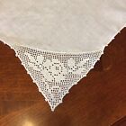 White Vtg Linen Tablecloth with Fillet crochet Rose Corners 32.5 in Square
