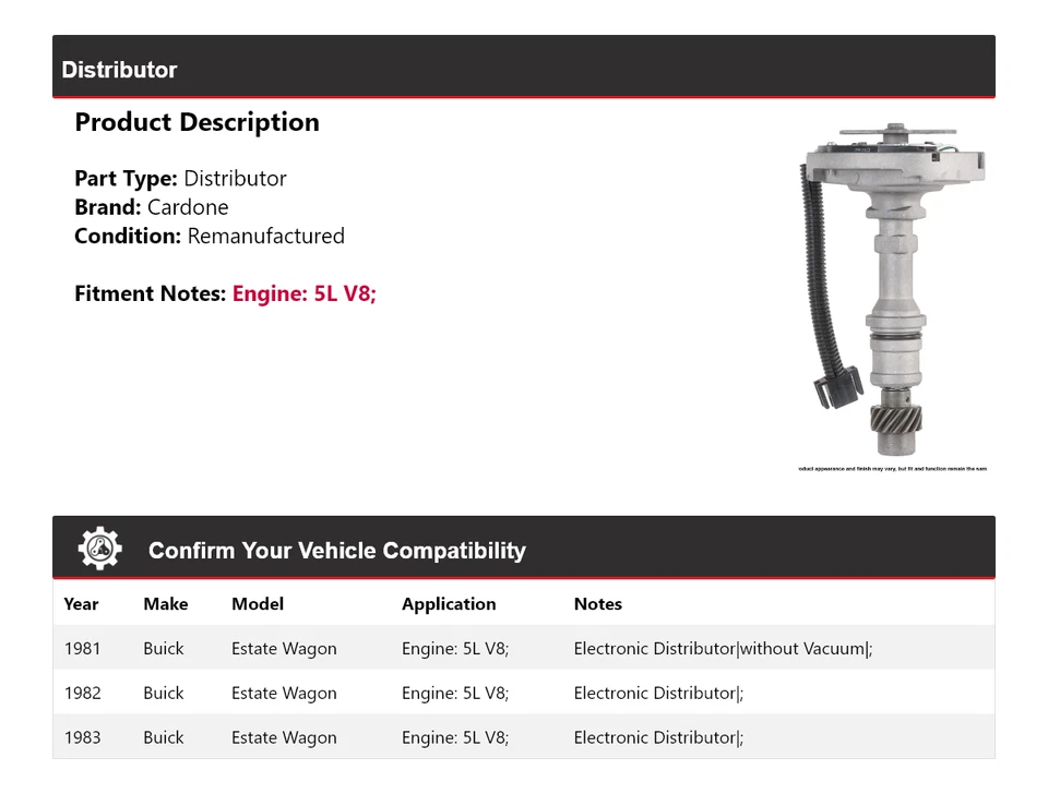 For 1981-1983 Buick Estate Wagon 5L V8 Distributor Cardone 1982 - Image 2 of 4