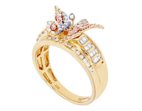 Butterfly 3/5 CT Real Diamond Ring 10K Rose-Yellow Gold - Picture 2 of 6