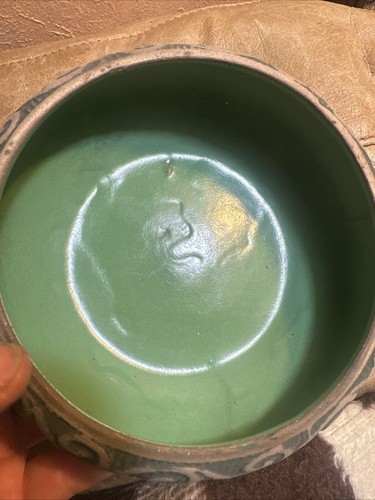 Red Wing Stoneware Arts & Crafts Green Brush Ware Bulb Planter Bowl Greek Design - Picture 17 of 23