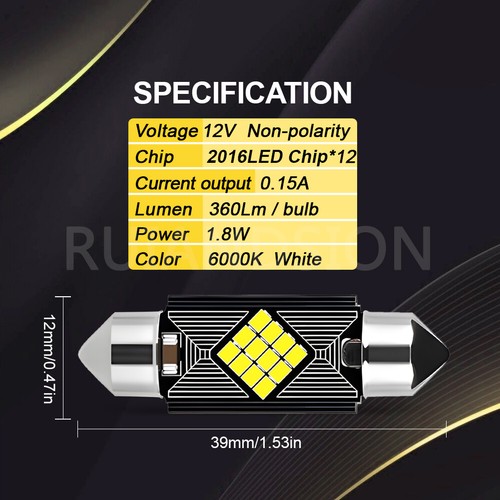Ruiandsion 31/36/39/41MM Auto Interior Light Bulb Canbus Error Free 12V White - Picture 10 of 11