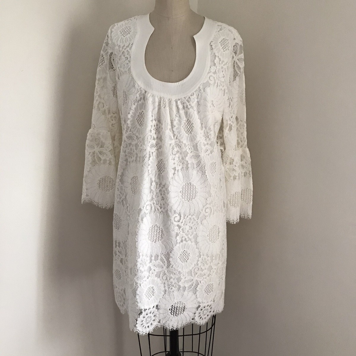 Trina Turk Lace Dress White Poet Sleeve Scoop Neck 4 Trina Turk Lace Dress White Poet Sleeve Scoop Neck 4