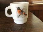 Vintage Anchor Hocking White Milk Glass Bird Mug Baltimore Oriole Chickadee