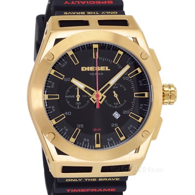 DIESEL Timeframe Mens Gold Chronograph Watch, Black Dial, Silicone