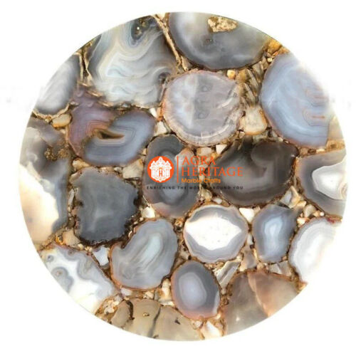 Handmade Brown Agate Large Round Stone Tabletop Food Table Decor-