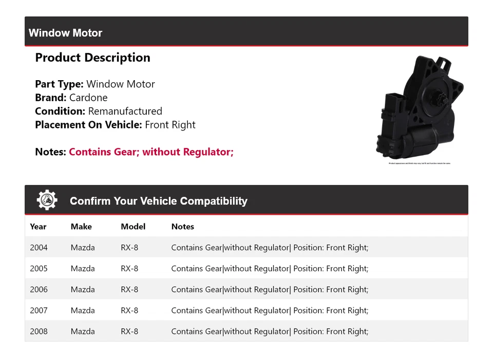 适用于 2004 - 2008 年马自达 RX-8 车窗电机右前 Cardone 2005 2006 2007 — 第 2/4 张图片