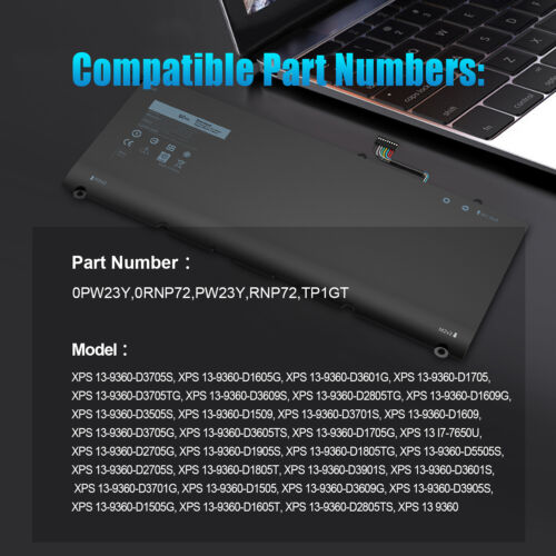 PW23Y Battery 7.6V 60Wh for DELL XPS 13 9360 13-9360-D1605G Series TP1GT RNP72 - Picture 3 of 12