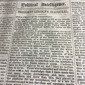 1861 CIVIL WAR NEWSPAPER ~ ABRAHAM LINCOLN INAUGURAL ADDRESS