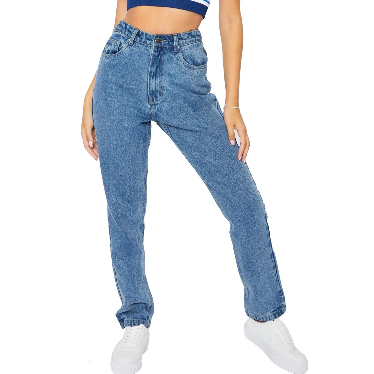 Womens Branded Mid Blue Wash Mom Jeans High Waisted Pants Ladies Trousers