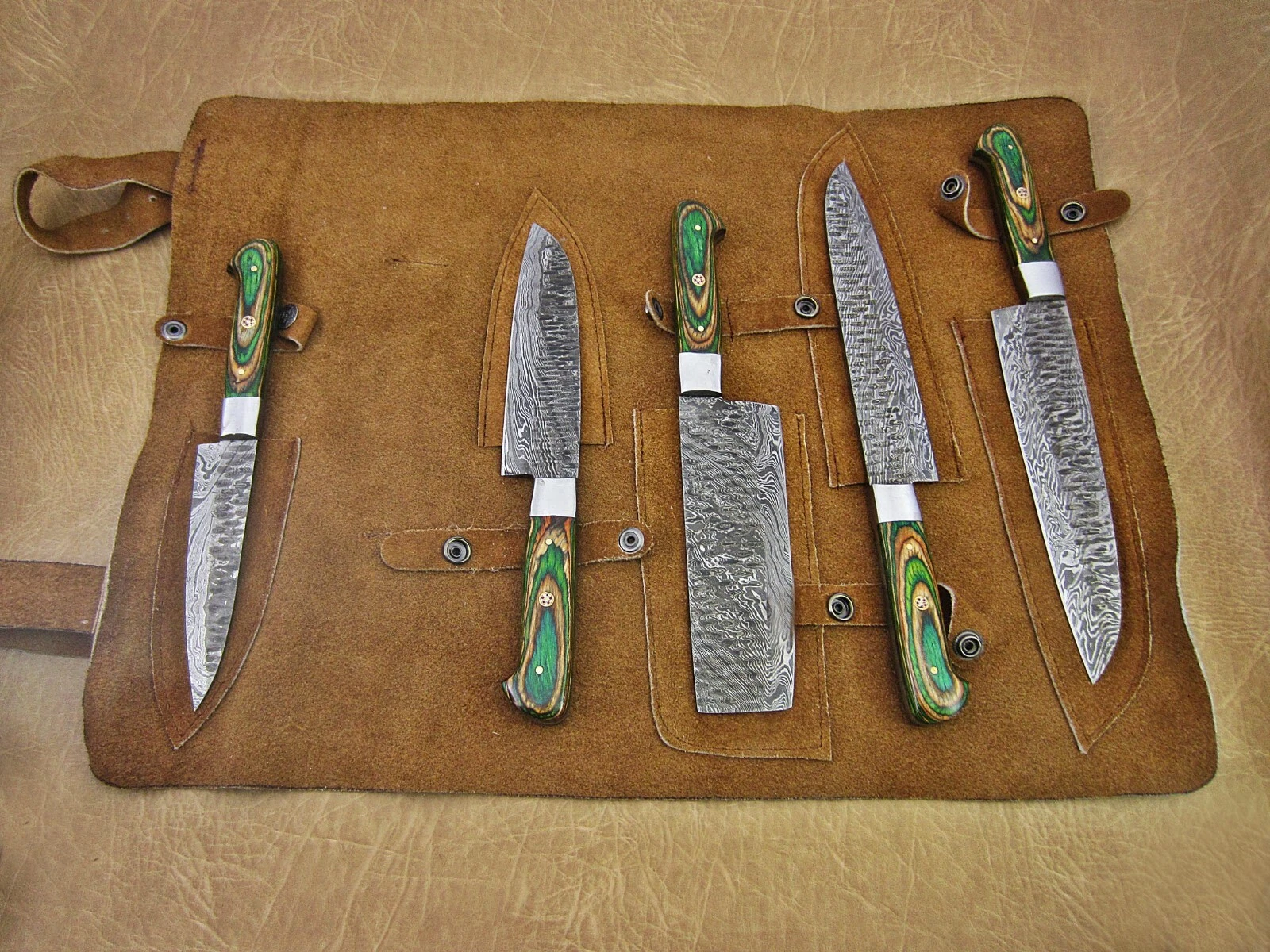 Hand forged hammered Damascus steel 5 piece Kitchen knife set, 2 tone Green