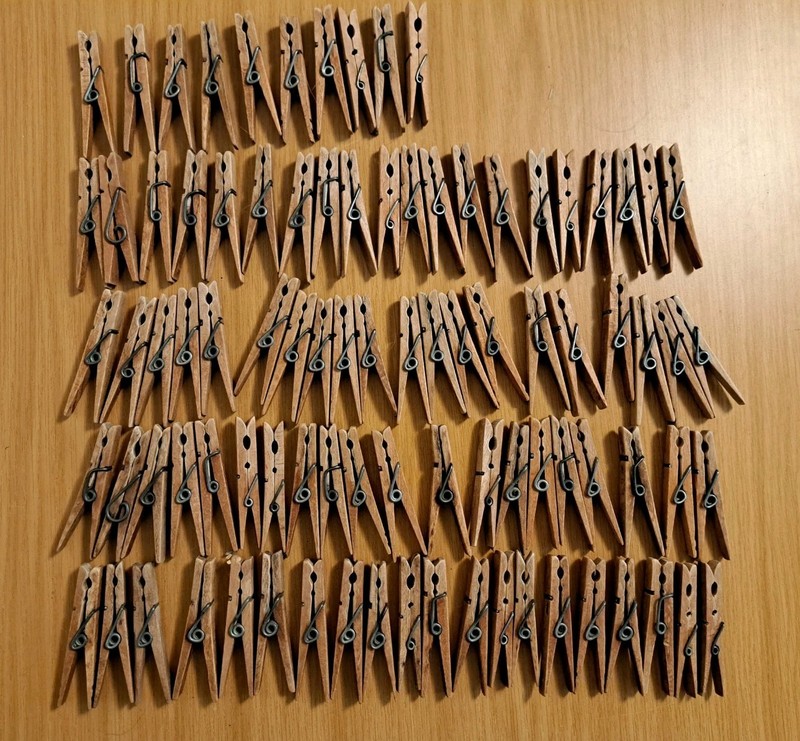 Lot Of 90 Vintage Wooden Clothespins With Metal Hinges Work Great Crafts 3 1/4"