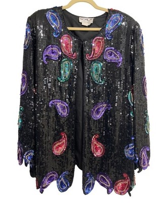 Vintage Scala Sequin Silk Jacket Paisley Beaded Black Purple Pink Blazer Size 2X