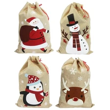 4 Pack Medium Christmas Faux Burlap Gift Bags, 13.8x19.7 Inches with Drawstri...