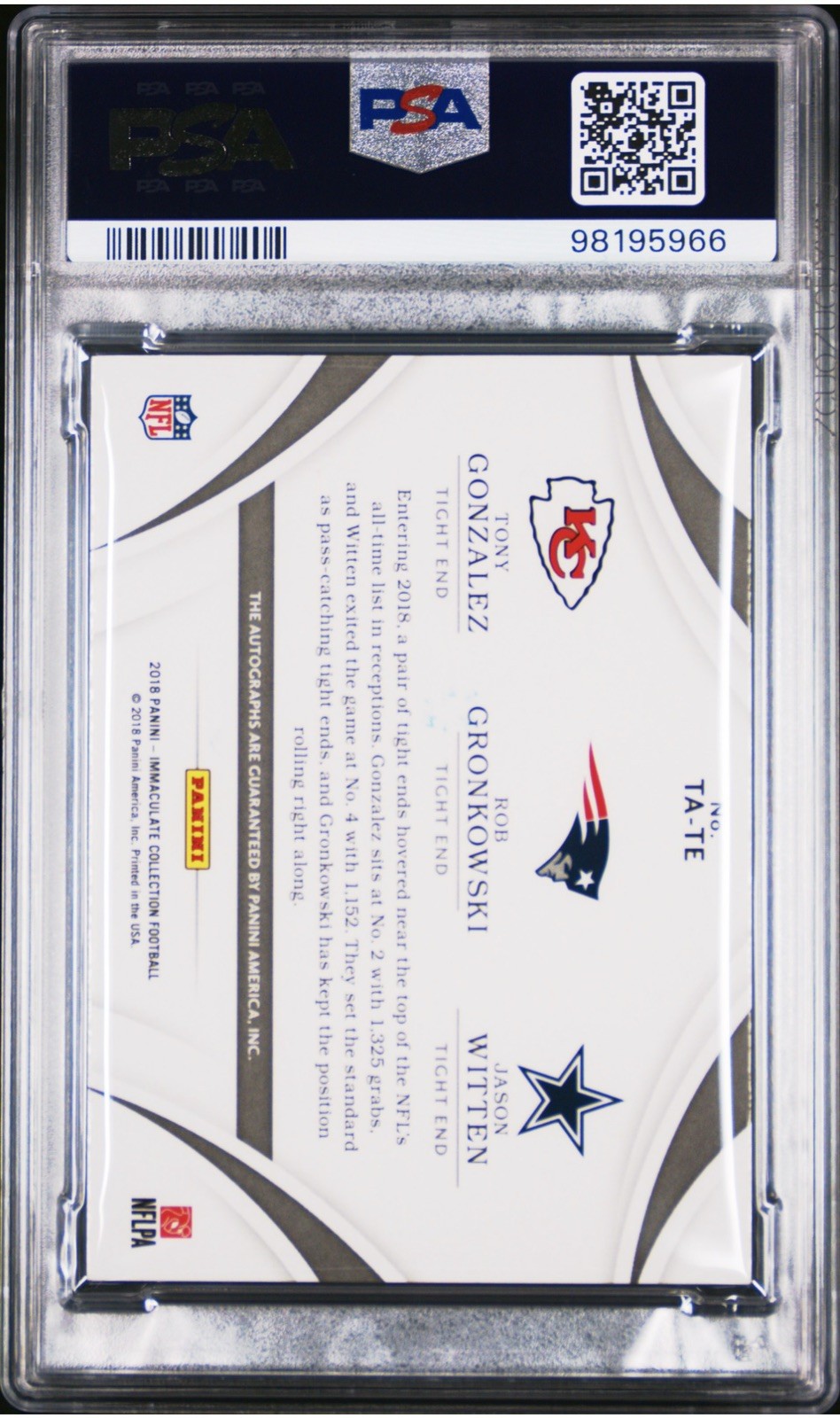 2018 Immaculate Football Gonzalez Gronkowski Witten Auto /10 On Card PSA 9 POP 1 view 2