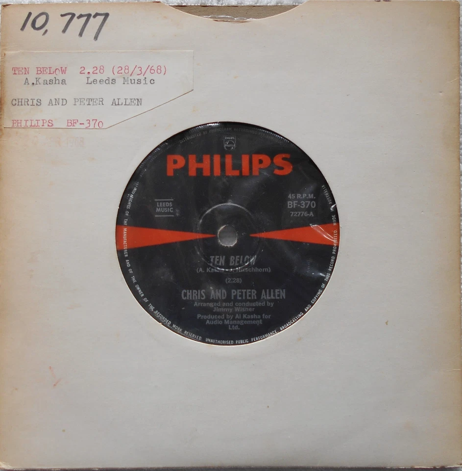 CHRIS and PETER ALLEN "TEN BELOW" SCARCE ROCK POP OZ 1st ISSUE PHILIPS-45 EX+'68 - Image 2 of 4