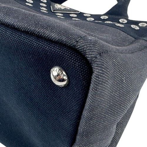 Auth PRADA Canapa Handbag Shoulder Bag Navy/Silver Denim/Canvas/Metal - z5823 - Picture 10 of 14