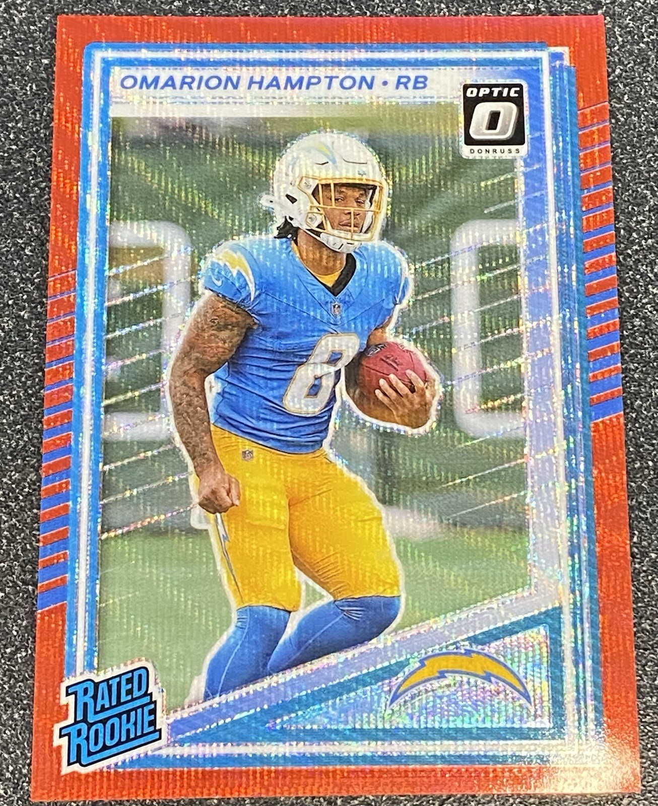 2025 Panini Donruss Omarion Hampton RC #303 Optic Red Wave Preview Chargers RB