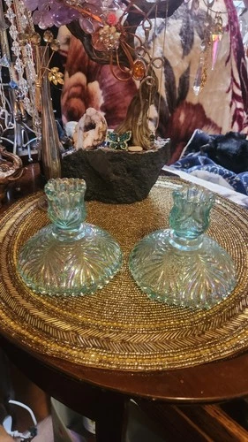 Vintage Fenton Opalescent Light Aqua Green Iridized Fern Candlestick Holders