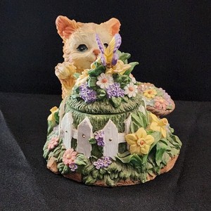 Vintage Cat Figurine With A Floral-themed Trinket Box