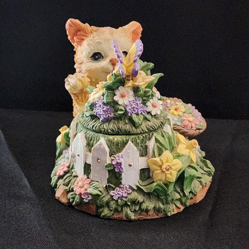 Vintage Cat Figurine With A Floral-themed Trinket Box