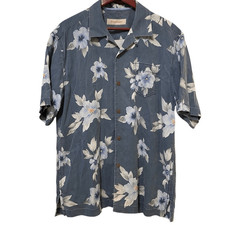 Tommy Bahama Mens Silk Camp Shirt M Blue Hawaiian Floral Button Up Yacht Vacay