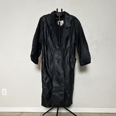 Avanti Womens Long Black Leather Overcoat Size L Button Front Collared Lined