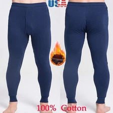 Men 100% Cotton Winter Fleece Lined Thermal Long Johns Bottom Nightwear Pants US