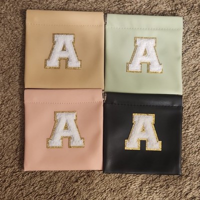 Set of 4 Faux Leather Zipper Makeup Bags Beige Green Pink Black Letter A Patch