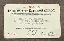 1914 United States Express Company Pass Wells Fargo Fulmer No. 777