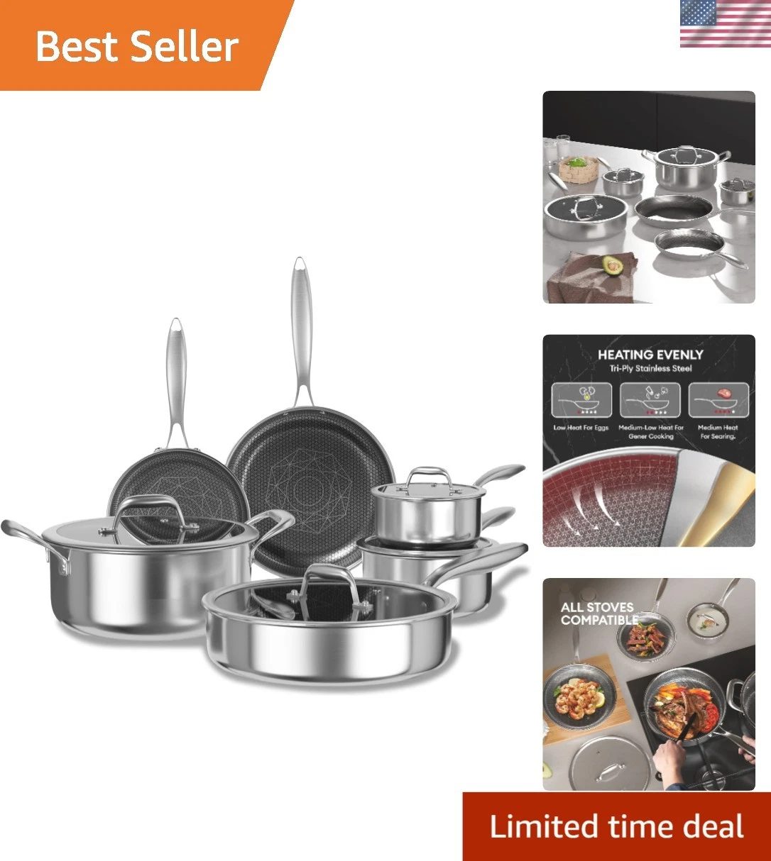 Stainless Steel 10pcs Cookware Set, Pots and Pans Set with Lids, Frying Pans,...