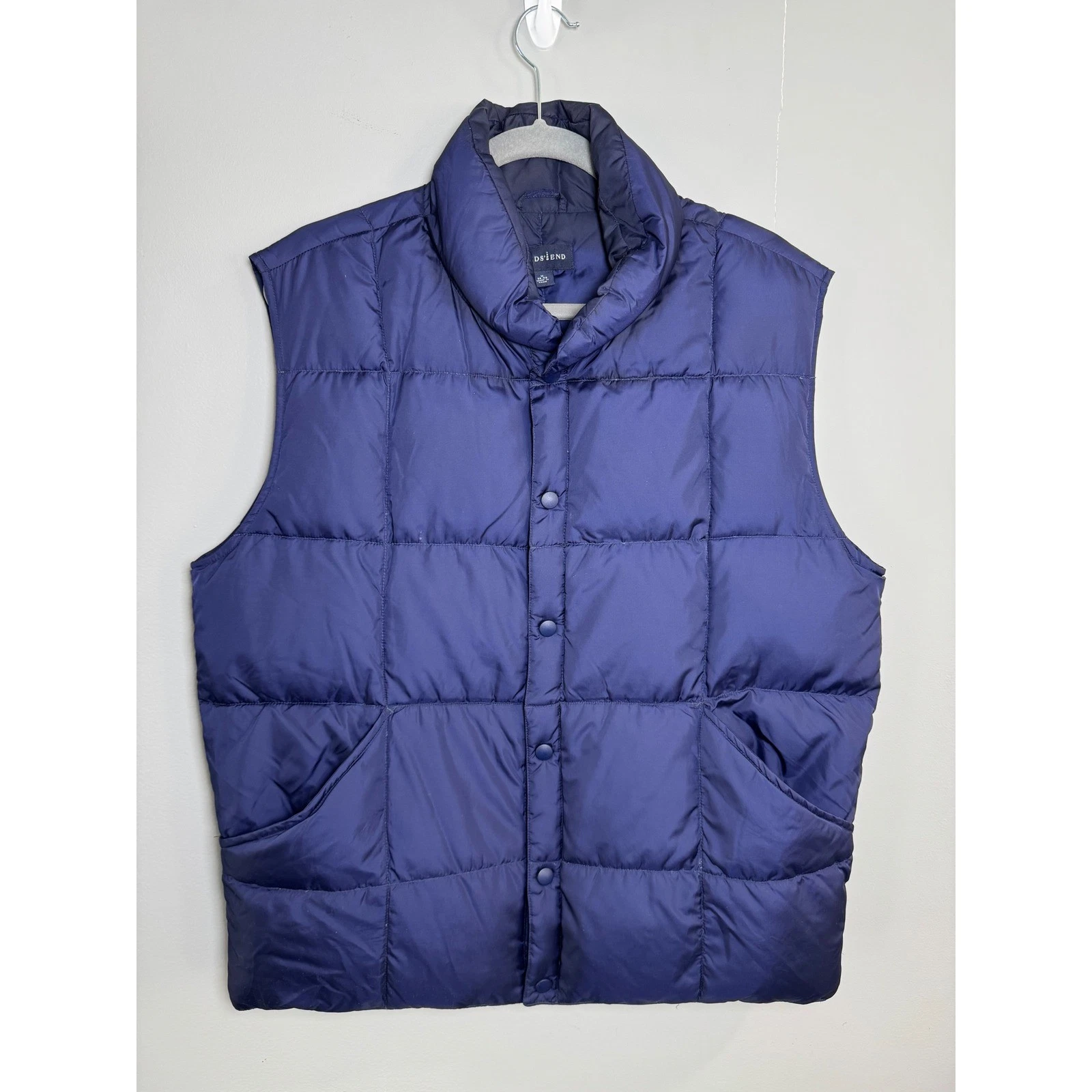 Lands End Mens Navy Blue Quilted Goose Down Puffer Vest Mock Neck Medium 38-40