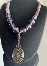 Vintage Grandmother's Buttons Purple Gemstone Beaded Pendant Necklace