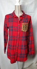 Marley Lilly Shirt Women's M Red Plaid Button Up Monogram Pocket KRR Flannel