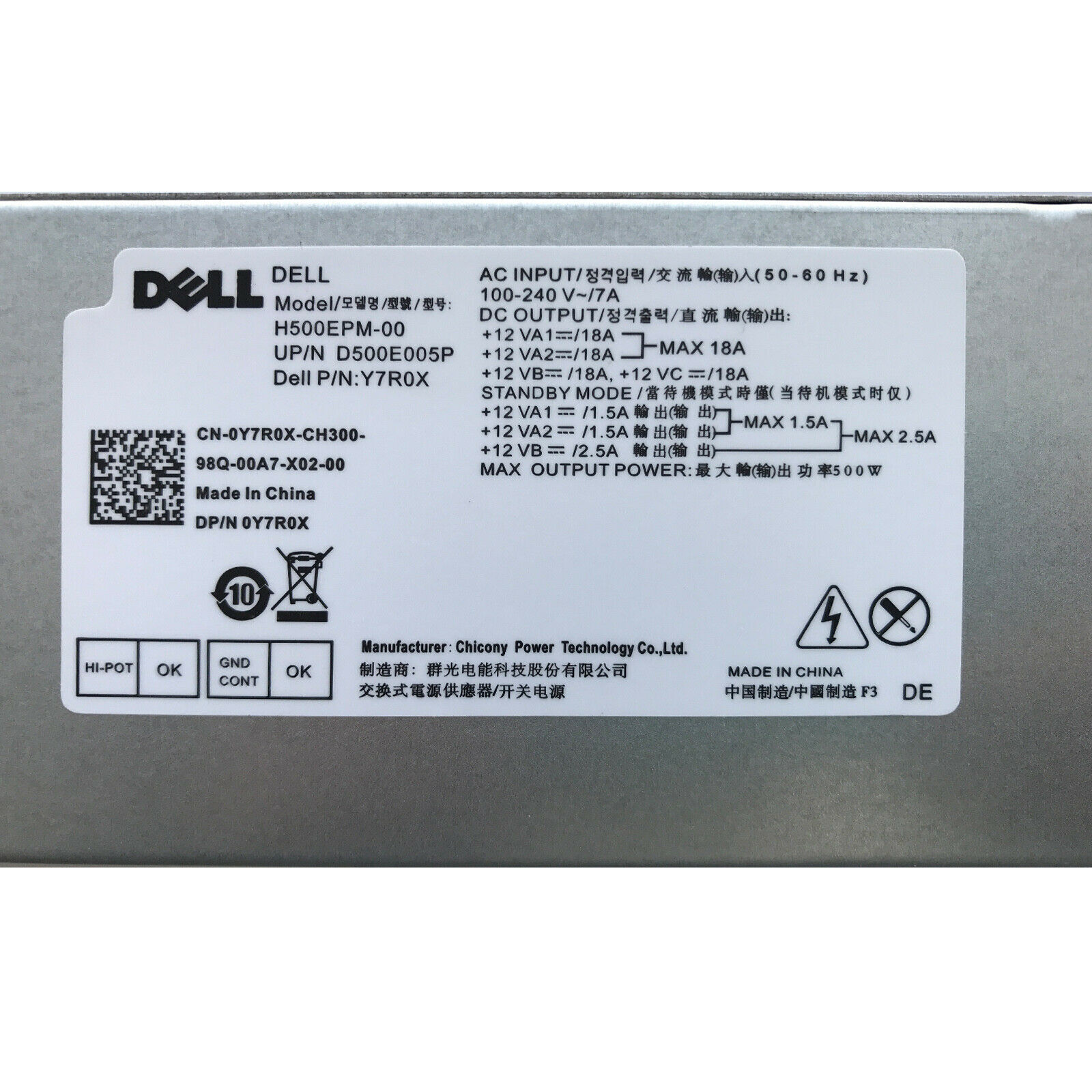 New For Dell 7080MT 7060 5060 G55090 Power Supply 500W 5K7J8 Y7R0X