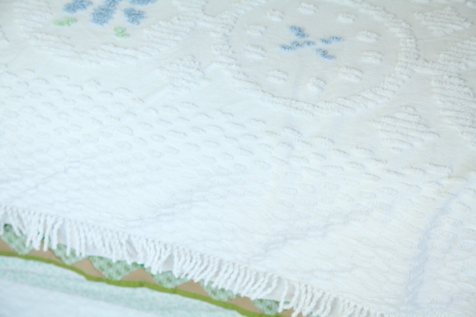 Vintage Chenille Bedspread Full ? 115" x 96" White Blue Fringe Cottage