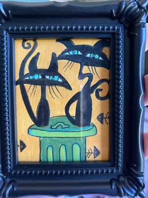 Black Cats,halloween,Original Painting On Paper,3/4,framed,miniature,small,mini
