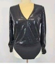 Women s Small Sequins Glamorous Black Long Sleeved Bodysuit NWOT