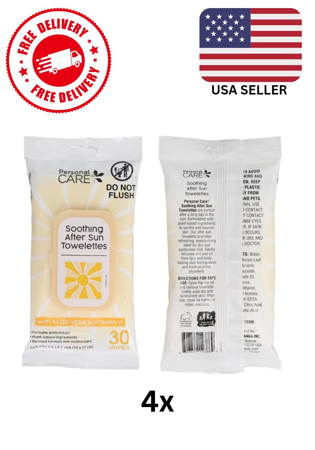 (4x) Personal Care Soothing After Sun Wipes W/ Aloe & Vitamin E 120 Wipes Total