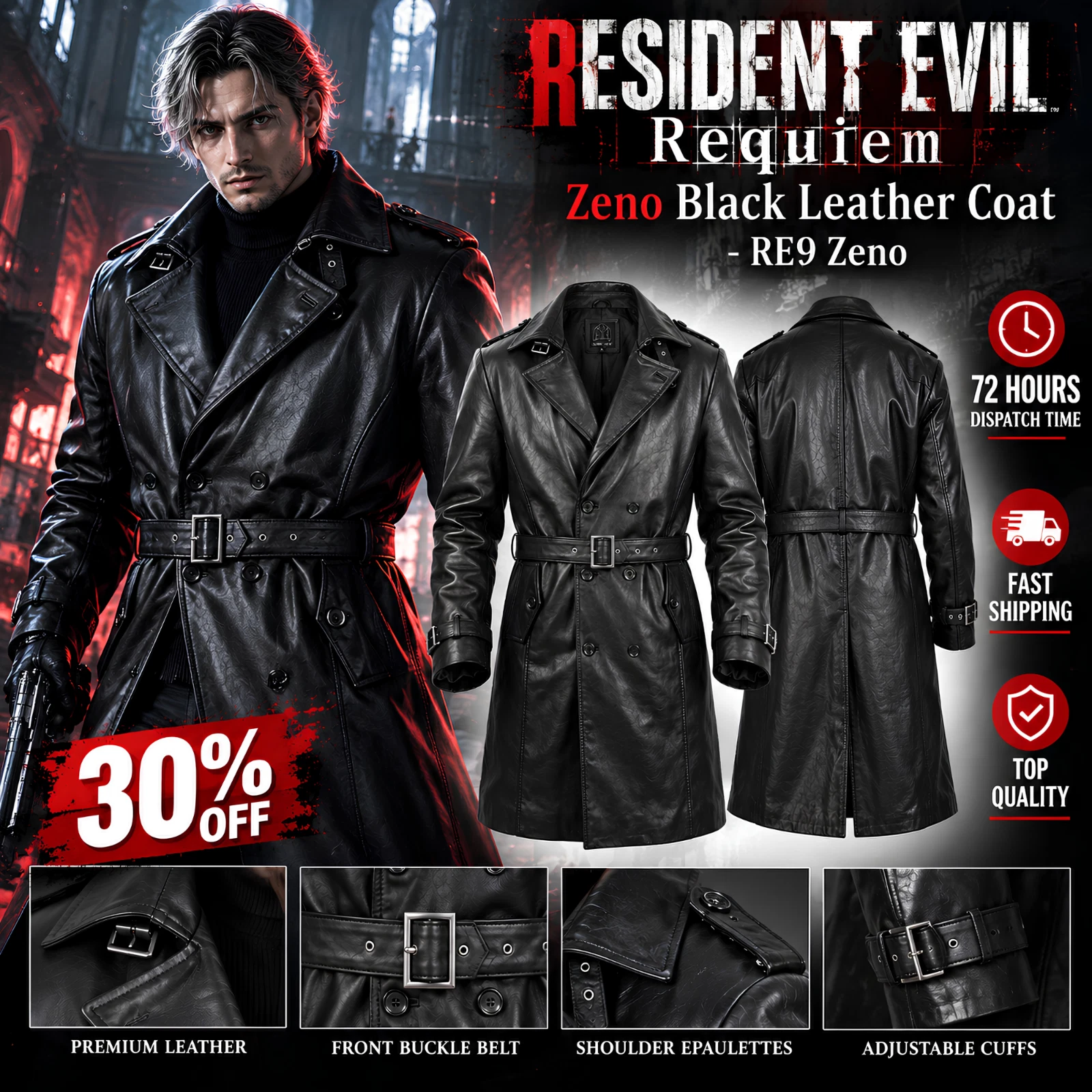 Resident Evil Requiem RE9 Trench coat Zeno Black Leather Coat,  Cosplay image 1