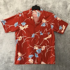 BAREFOOT IN PARADISE Mens Large Floral Print Hawaiian Made In USA Shirt Red VTG