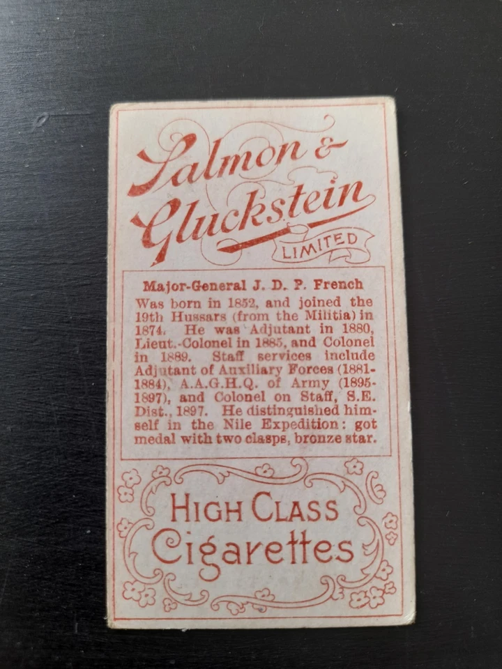 SALMON & GLUCKSTEIN HEROES OF TRANSVAAL WAR - MAJOR J D P FRENCH CIGARETTE CARD - Image 4 of 4