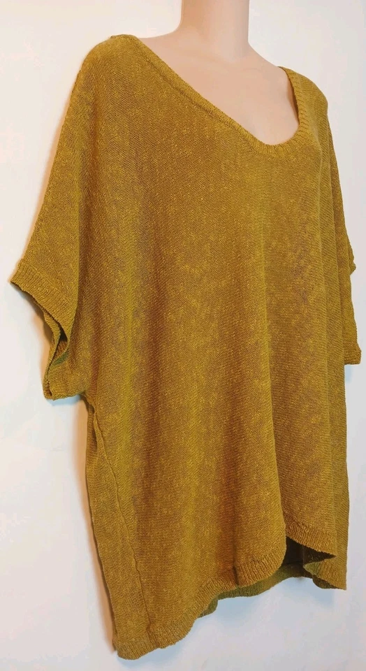 Eileen Fisher Woman Plus sz 3X oversized knit top linen cotton gold v-neck  A141 - Image 3 of 4